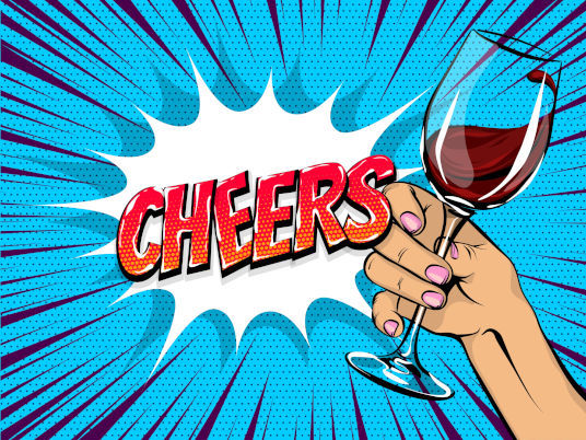 Popart. Weinglas zum Anstoßen mit Schriftzug 'Cheers'